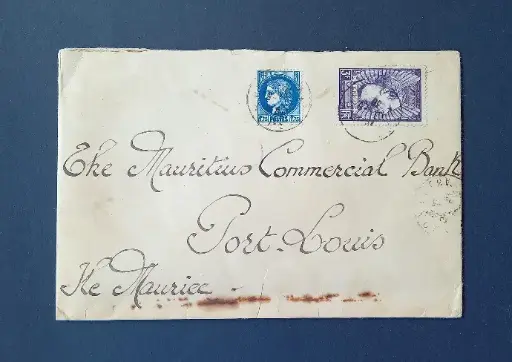 Superbe lettre recommandée de France vers Port-Louis (MCB) avec sceau en cire à l'arrière